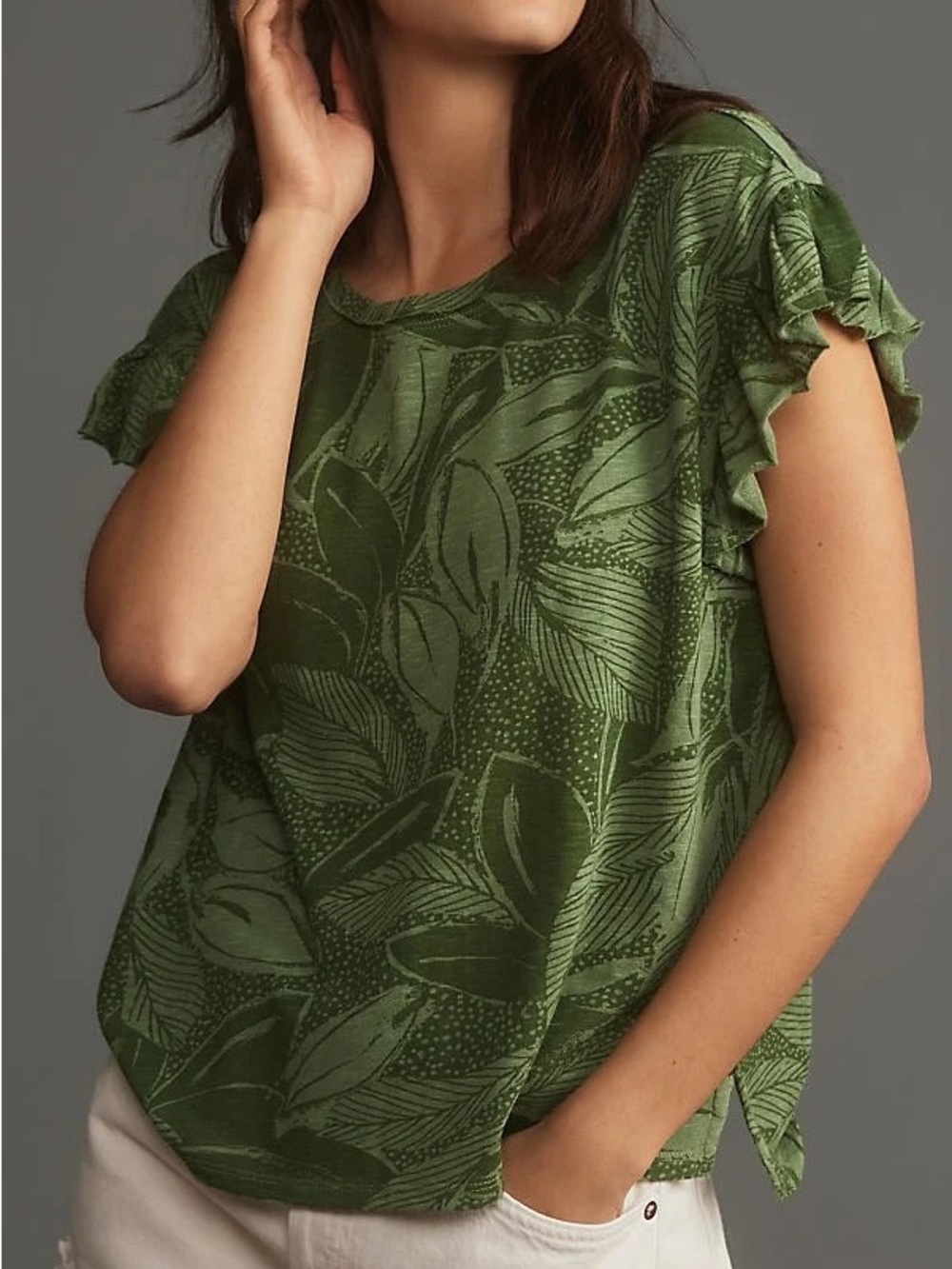 Anthropologie Pilcro Heritage Green Print Ruffle Sleeve Tee Top Sz XL Sccop Neck